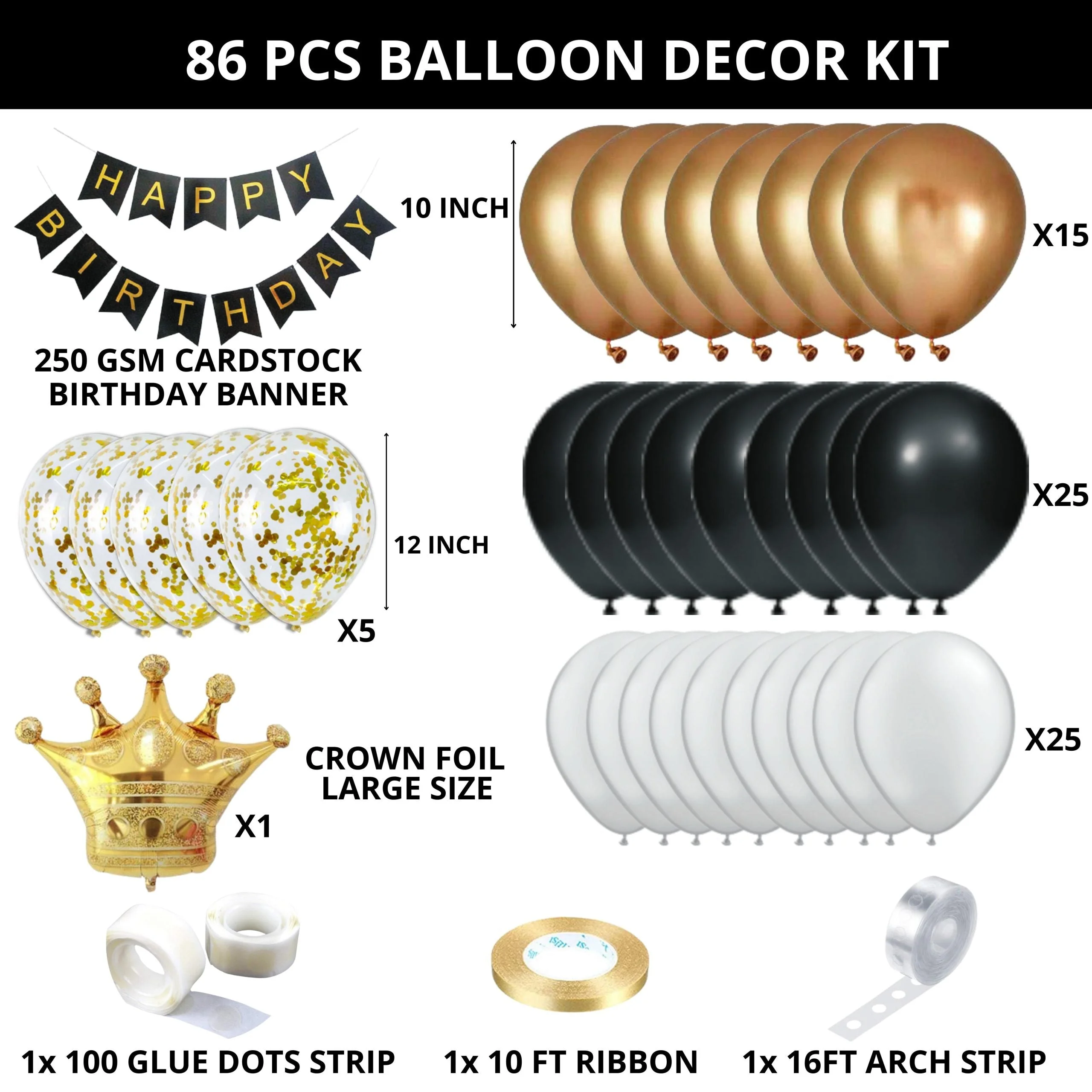 86Pcs - DIY Happy Birthday Metallic Golden, White, Black Latex & confetti Balloons, Black & Gold Happy Birthday Banner and Golden Crown Foil - Premium Handcrafted 300 GSM Party Supplies, Balloons by Party Decor Mall India - View 2