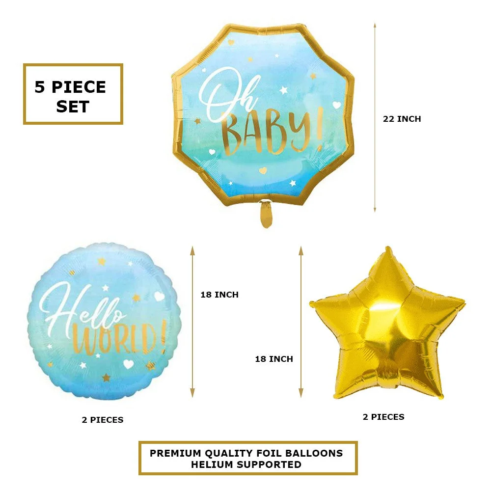 Oh Baby Blue Foil Balloon Hello World Welcome New Born Baby Decorative Foil Balloon Set of 5 - Premium Handcrafted 300 GSM Balloon Kit by Party Decor Mall India - View 2