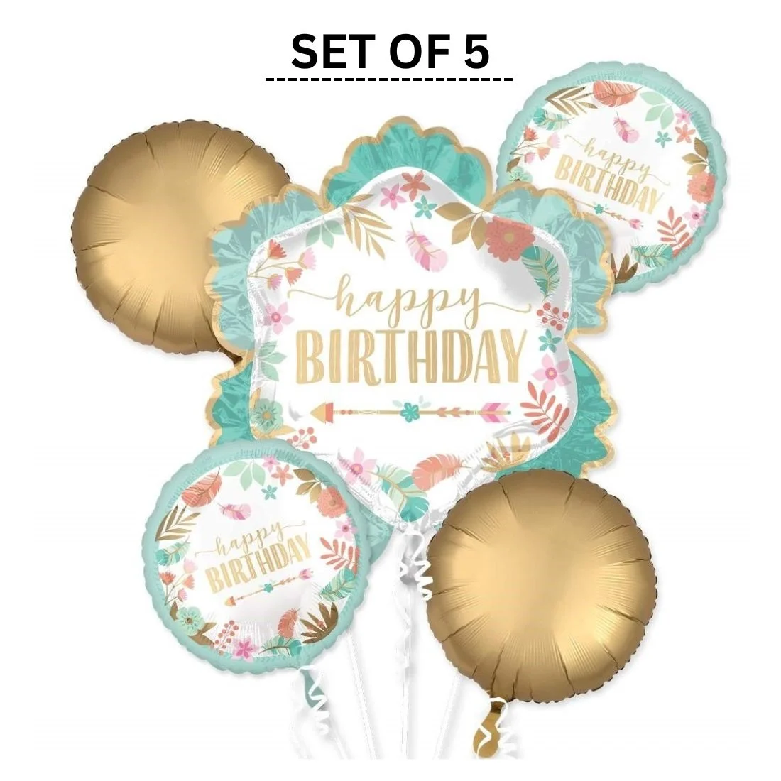 Floral Happy Birthday Foil Balloons Set of 5 - Premium Handcrafted 300 GSM Foil Balloons, Balloons by Party Decor Mall India - View 5