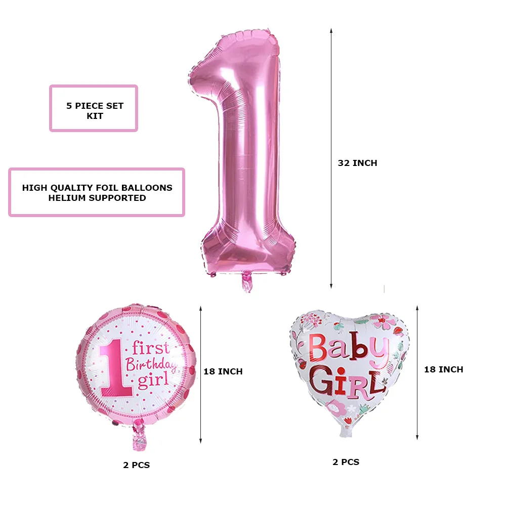 1st Birthday Girl Foil Balloon (Pack of 5-Pink) - Premium Handcrafted 300 GSM Foil Balloon by Party Decor Mall India - View 2