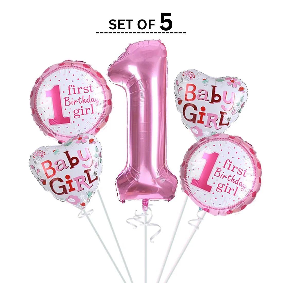 1st Birthday Girl Foil Balloon (Pack of 5-Pink) - Premium Handcrafted 300 GSM Foil Balloon by Party Decor Mall India - View 3
