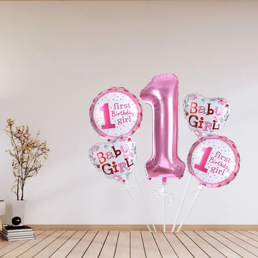 1st Birthday Girl Foil Balloon (Pack of 5-Pink) - Premium Handcrafted 300 GSM Foil Balloon by Party Decor Mall India - View 4