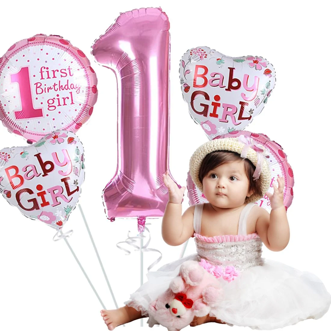 1st Birthday Girl Foil Balloon (Pack of 5-Pink) - Premium Handcrafted 300 GSM Foil Balloon by Party Decor Mall India - View 5