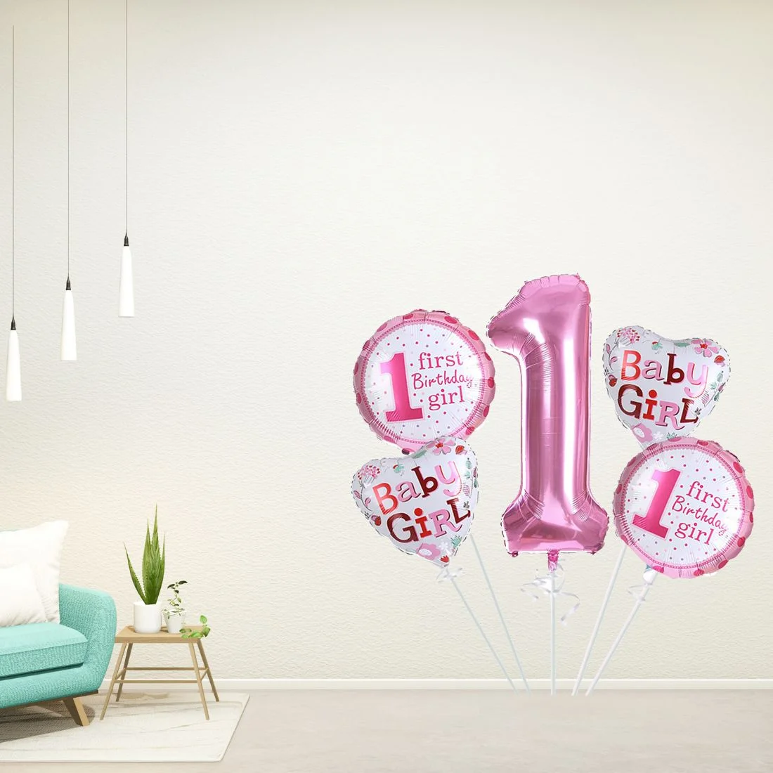 1st Birthday Girl Foil Balloon (Pack of 5-Pink) - Premium Handcrafted 300 GSM Foil Balloon by Party Decor Mall India - View 6