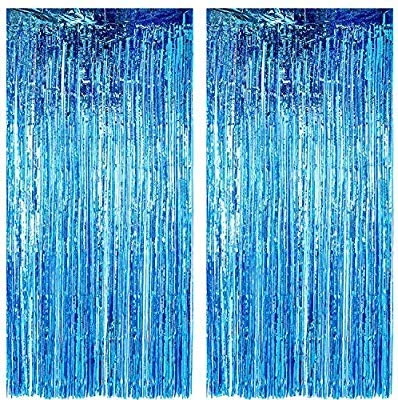 Metallic Blue Foil Fringe Curtains for Party Photo Backdrop Wedding Birthday Decor (2 Pack, Blue) – 3 X 6 ft