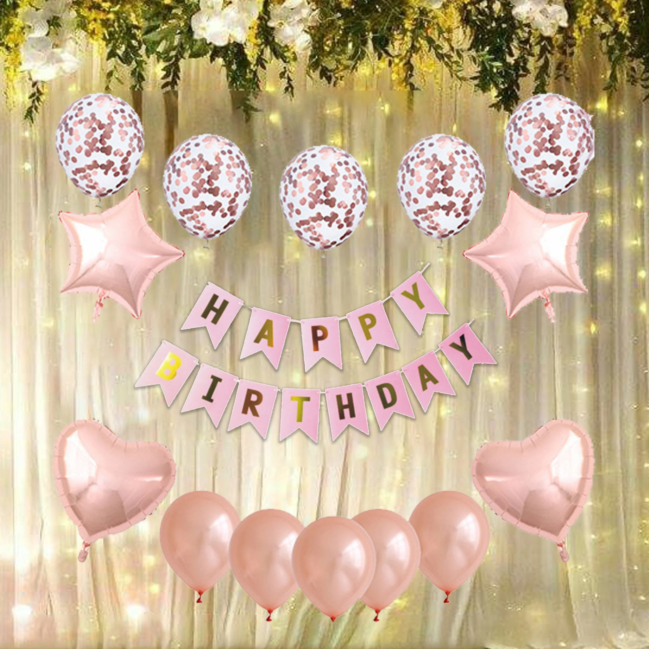 Birthday Decoration DIY Kit Rose Gold Confetti, Metallic Rose Gold, Rose Gold Heart Foil - Premium Handcrafted 300 GSM Birthday Decoration by Party Decor Mall India - View 1