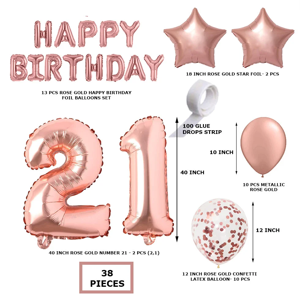 RoseGold Metallic Balloon, RoseGold Confetti RoseGold Star Foil Balloon, RoseGold Foil Happy Birthday & RoseGold Twenty One foil numbers(38 Pieces) - Premium Handcrafted 300 GSM Foil Balloon by Party Decor Mall India - View 2