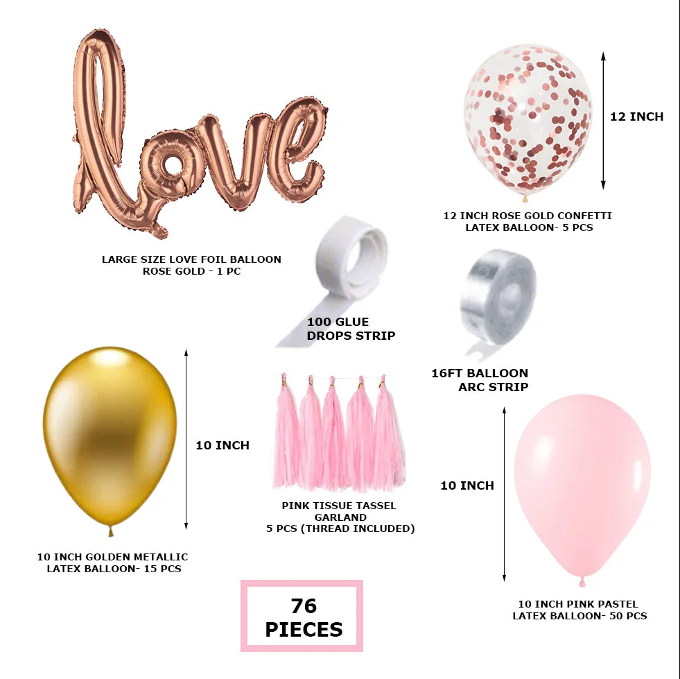 Pink Latex Balloon, Gold Metallic Balloon, RoseGold Confetti Balloon, RoseGold Love Foil & Pink Tissue Tassel(76 Pieces) - Premium Handcrafted 300 GSM Party Supply by Party Decor Mall India - View 2