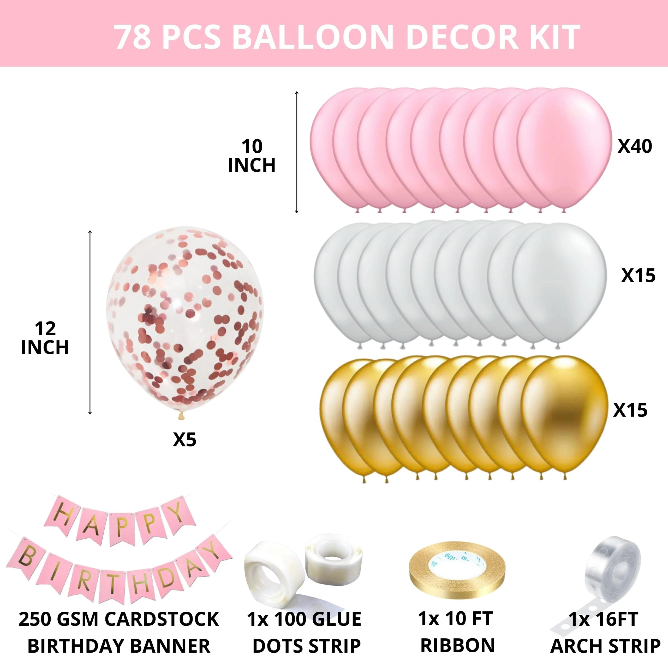 Pink Latex Balloon, Gold Metallic Balloon, Silver Metallic Balloon, RoseGold Confetti Balloon & Pink Happy Birthday Banner (120 Pcs) - Premium Handcrafted 300 GSM Party Supply by Party Decor Mall India - View 2