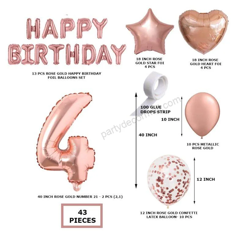 Rosegold Birthday Decor Metallic Balloon, Confetti, Star Foil Balloon, Heart Foil Balloon, Foil Happy Birthday & foil Number (4) - Premium Handcrafted 300 GSM Foil Balloon by Party Decor Mall India - View 2