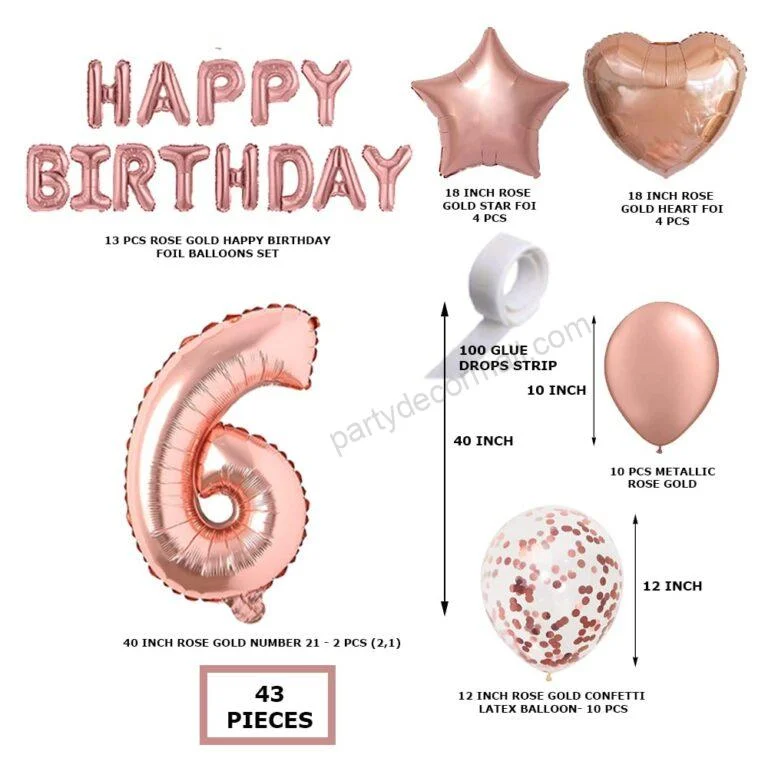 Rosegold Birthday Decor Metallic Balloon, Confetti, Star Foil Balloon, Heart Foil Balloon, Foil Happy Birthday & foil Number (6) - Premium Handcrafted 300 GSM Foil Balloon by Party Decor Mall India - View 2