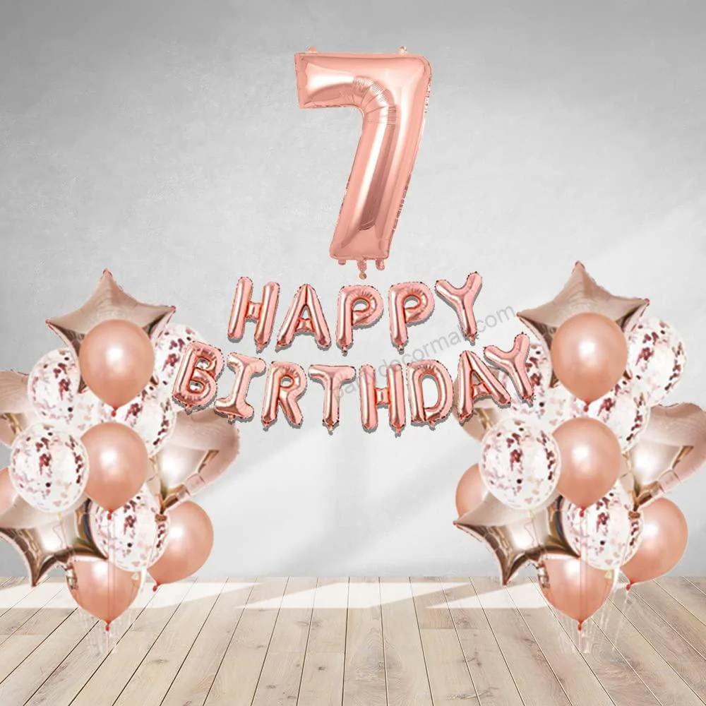 Rosegold Birthday Decor Metallic Balloon, Confetti, Star Foil Balloon, Heart Foil Balloon, Foil Happy Birthday & foil Number (7) - Premium Handcrafted 300 GSM Foil Balloon by Party Decor Mall India - View 1