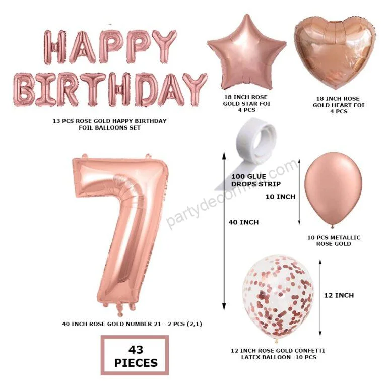 Rosegold Birthday Decor Metallic Balloon, Confetti, Star Foil Balloon, Heart Foil Balloon, Foil Happy Birthday & foil Number (7) - Premium Handcrafted 300 GSM Foil Balloon by Party Decor Mall India - View 2