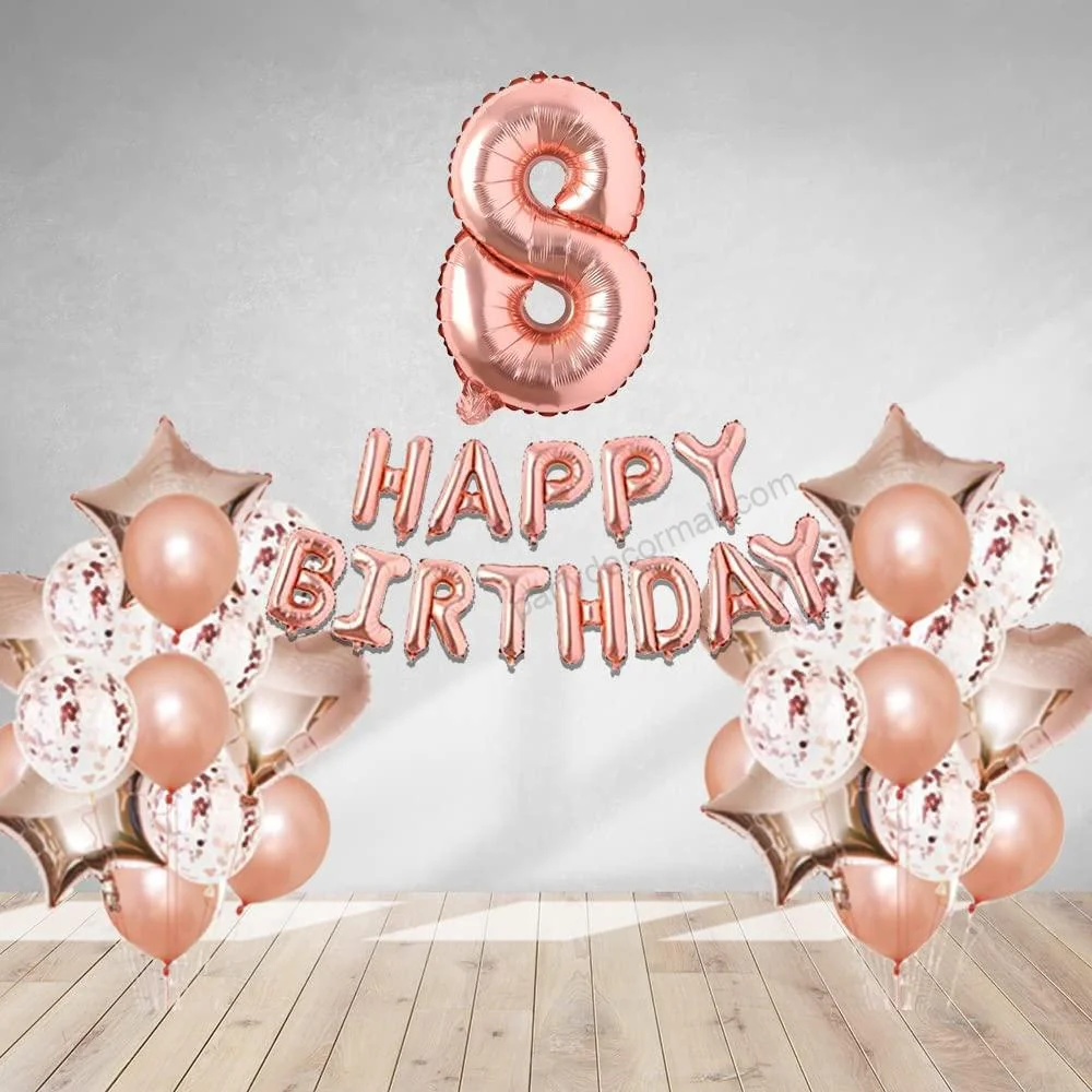 Rosegold Birthday Decor Metallic Balloon, Confetti, Star Foil Balloon, Heart Foil Balloon, Foil Happy Birthday & foil Number (8) - Premium Handcrafted 300 GSM Foil Balloon by Party Decor Mall India - View 1