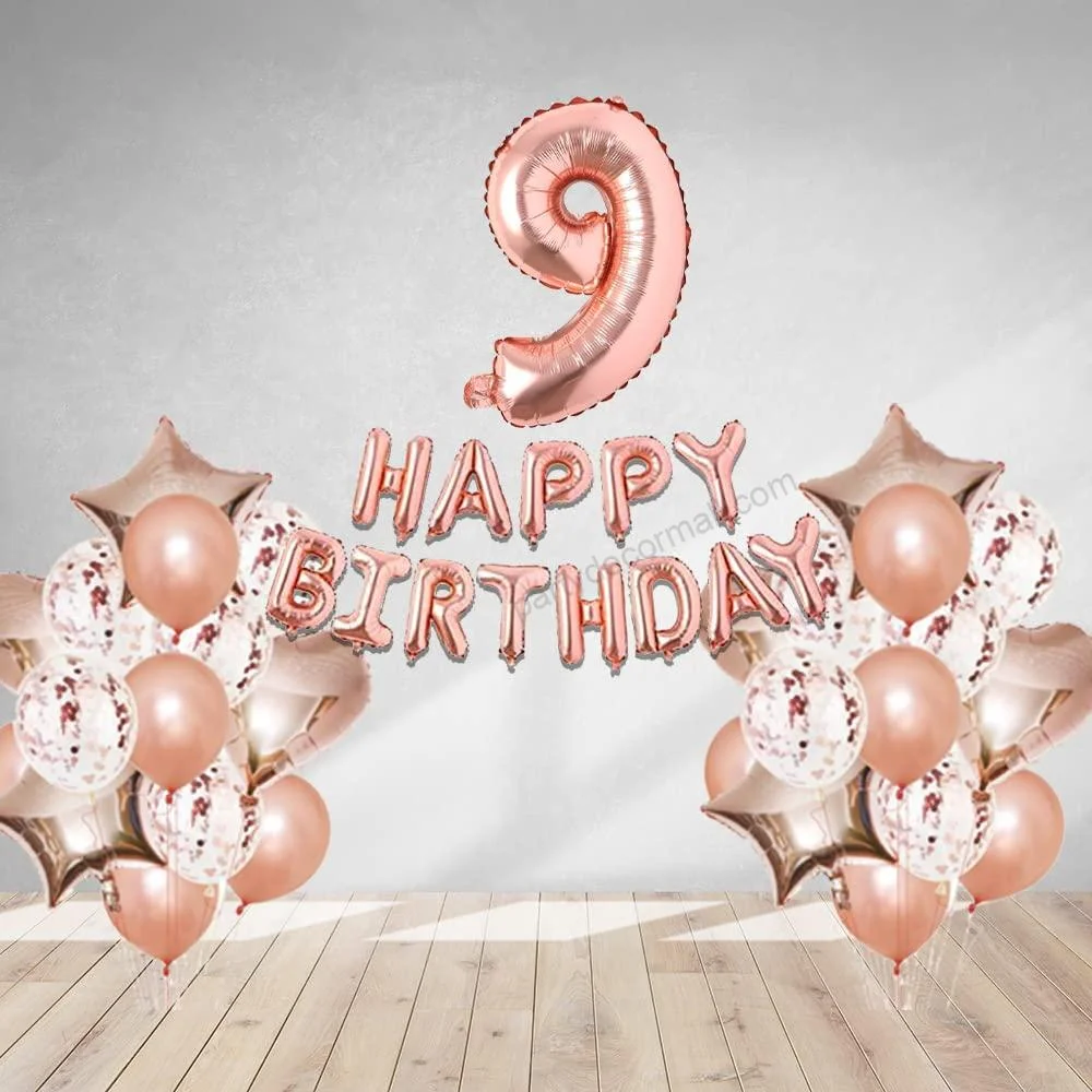 Rosegold Birthday Decor Metallic Balloon, Confetti, Star Foil Balloon, Heart Foil Balloon, Foil Happy Birthday & foil Number (9) - Premium Handcrafted 300 GSM Foil Balloon by Party Decor Mall India - View 1