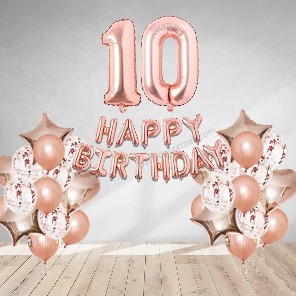 Rosegold Birthday Decor Metallic Balloon, Confetti, Star Foil Balloon, Heart Foil Balloon, Foil Happy Birthday & foil Number (10) - Premium Handcrafted 300 GSM Foil Balloon by Party Decor Mall India - View 1