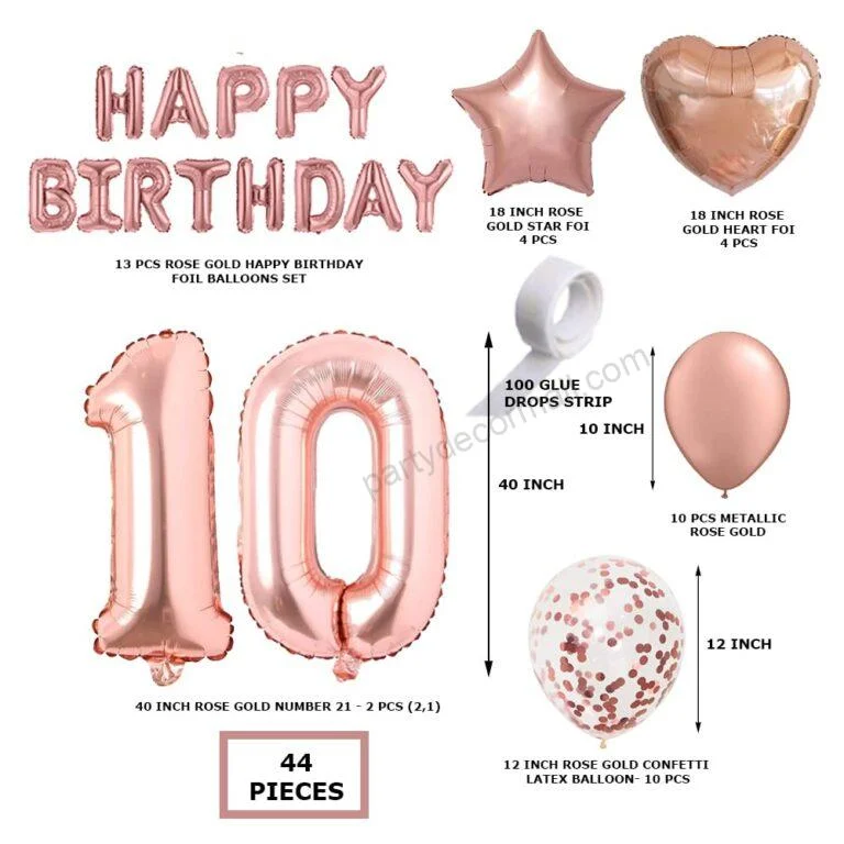 Rosegold Birthday Decor Metallic Balloon, Confetti, Star Foil Balloon, Heart Foil Balloon, Foil Happy Birthday & foil Number (10) - Premium Handcrafted 300 GSM Foil Balloon by Party Decor Mall India - View 2