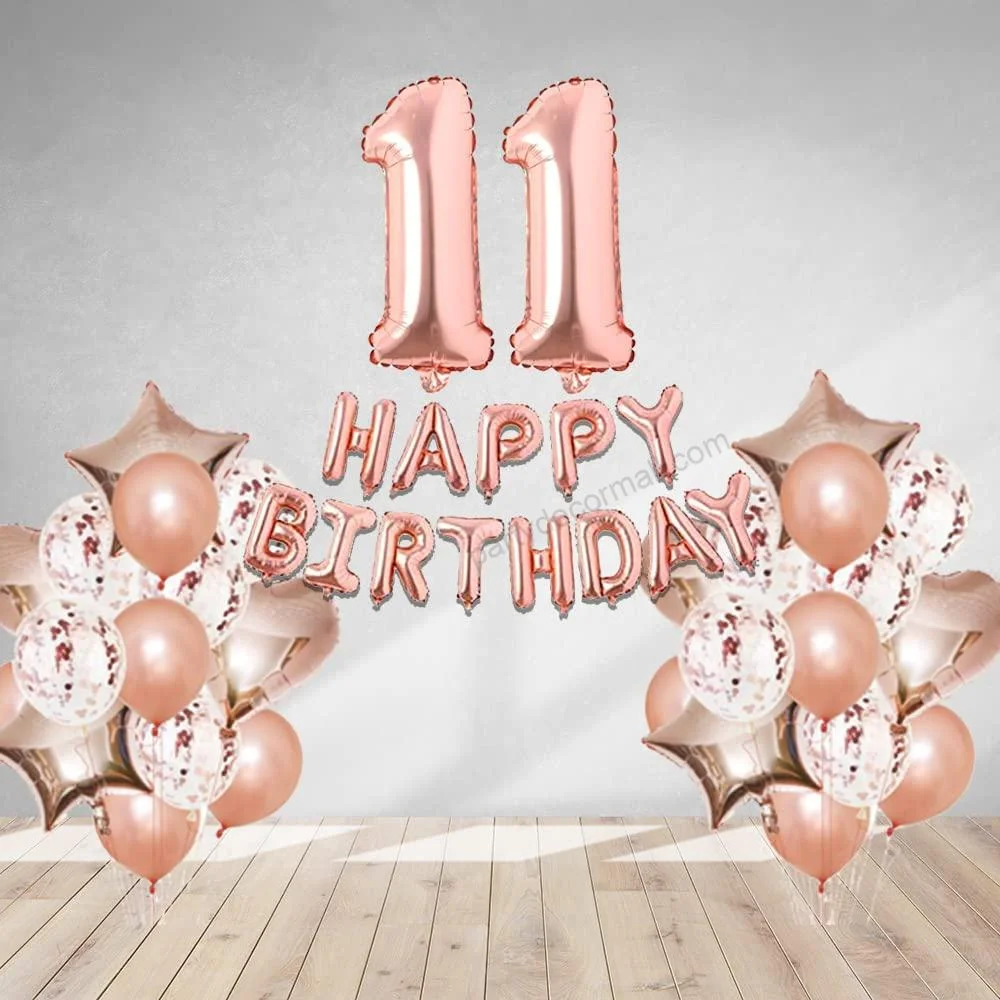 Rosegold Birthday Decor Metallic Balloon, Confetti, Star Foil Balloon, Heart Foil Balloon, Foil Happy Birthday & foil Number (11) - Premium Handcrafted 300 GSM Foil Balloon by Party Decor Mall India - View 1
