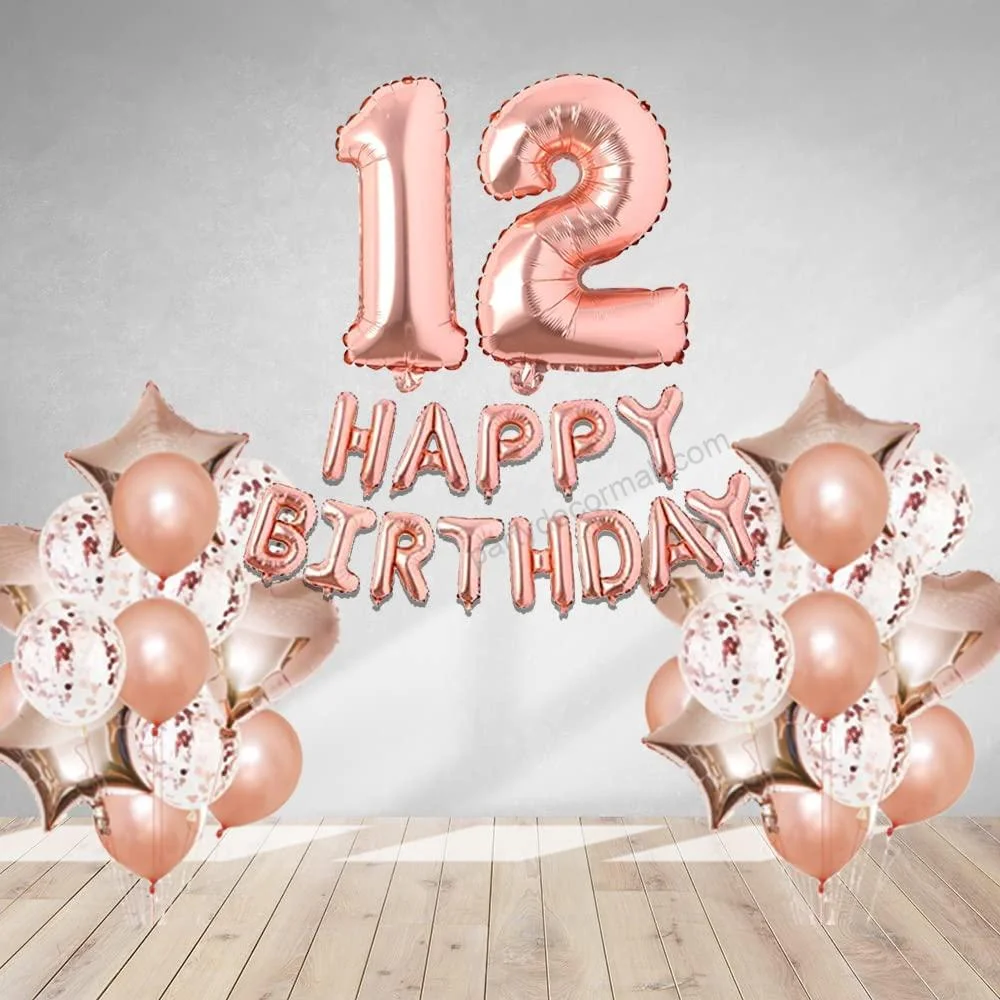 Rosegold Birthday Decor Metallic Balloon, Confetti, Star Foil Balloon, Heart Foil Balloon, Foil Happy Birthday & foil Number (12) - Premium Handcrafted 300 GSM Foil Balloon by Party Decor Mall India - View 1