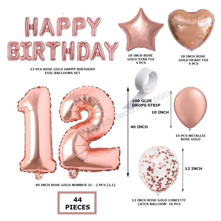 Rosegold Birthday Decor Metallic Balloon, Confetti, Star Foil Balloon, Heart Foil Balloon, Foil Happy Birthday & foil Number (12) - Premium Handcrafted 300 GSM Foil Balloon by Party Decor Mall India - View 2