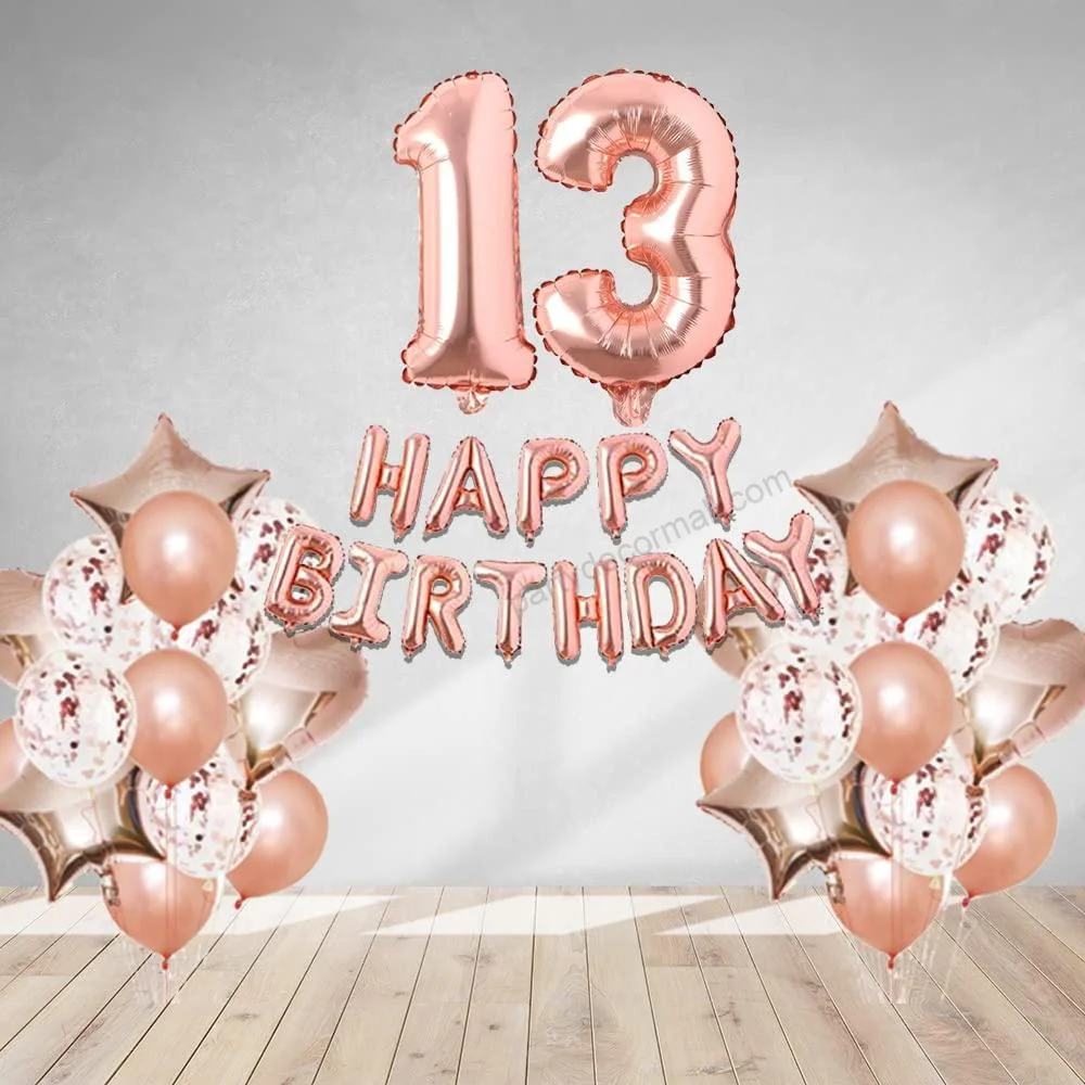 Rosegold Birthday Decor Metallic Balloon, Confetti, Star Foil Balloon, Heart Foil Balloon, Foil Happy Birthday & foil Number (13) - Premium Handcrafted 300 GSM Foil Balloon by Party Decor Mall India - View 1