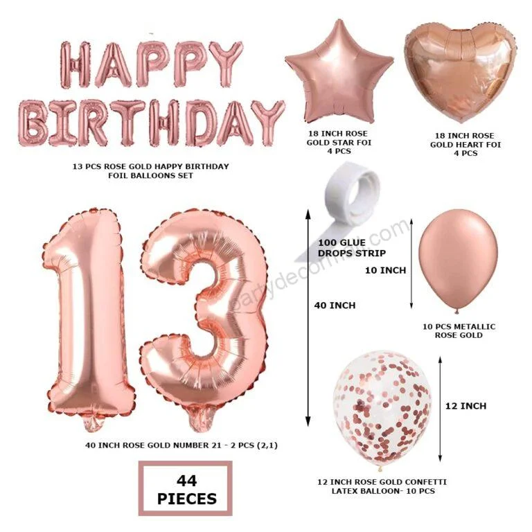 Rosegold Birthday Decor Metallic Balloon, Confetti, Star Foil Balloon, Heart Foil Balloon, Foil Happy Birthday & foil Number (13) - Premium Handcrafted 300 GSM Foil Balloon by Party Decor Mall India - View 2