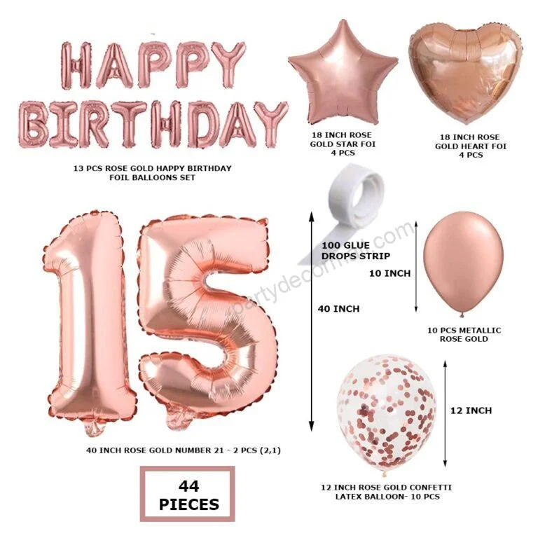 Rosegold Birthday Decor Metallic Balloon, Confetti, Star Foil Balloon, Heart Foil Balloon, Foil Happy Birthday & foil Number (15) - Premium Handcrafted 300 GSM Foil Balloon by Party Decor Mall India - View 2