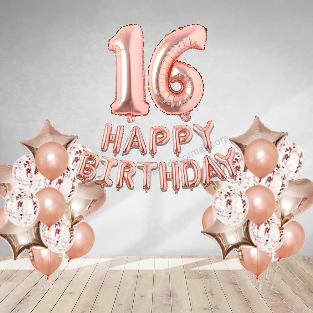 Rosegold Birthday Decor Metallic Balloon, Confetti, Star Foil Balloon, Heart Foil Balloon, Foil Happy Birthday & foil Number (16) - Premium Handcrafted 300 GSM Foil Balloon by Party Decor Mall India - View 1