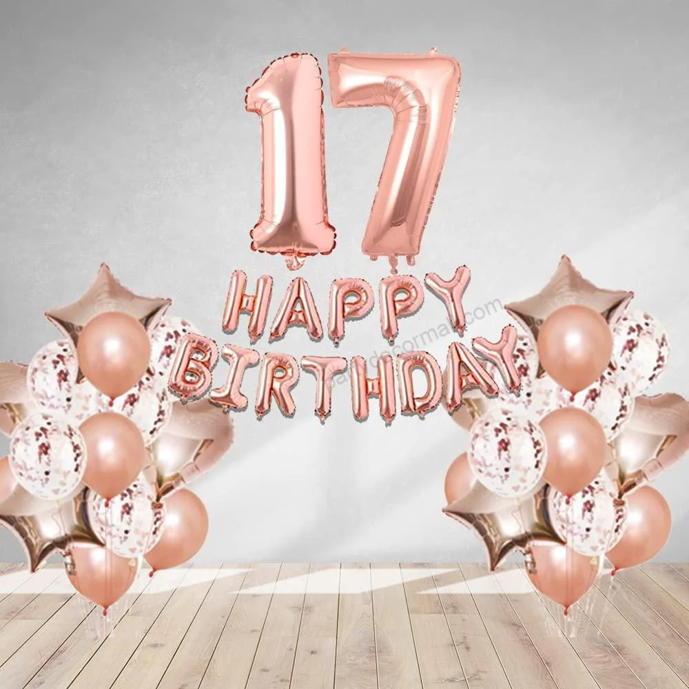 Rosegold Birthday Decor Metallic Balloon, Confetti, Star Foil Balloon, Heart Foil Balloon, Foil Happy Birthday & foil Number (17) - Premium Handcrafted 300 GSM Foil Balloon by Party Decor Mall India - View 1