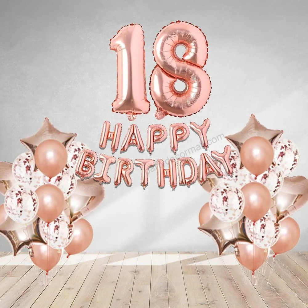 Rosegold Birthday Decor Metallic Balloon, Confetti, Star Foil Balloon, Heart Foil Balloon, Foil Happy Birthday & foil Number (18) - Premium Handcrafted 300 GSM Foil Balloon by Party Decor Mall India - View 1