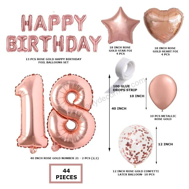 Rosegold Birthday Decor Metallic Balloon, Confetti, Star Foil Balloon, Heart Foil Balloon, Foil Happy Birthday & foil Number (18) - Premium Handcrafted 300 GSM Foil Balloon by Party Decor Mall India - View 2