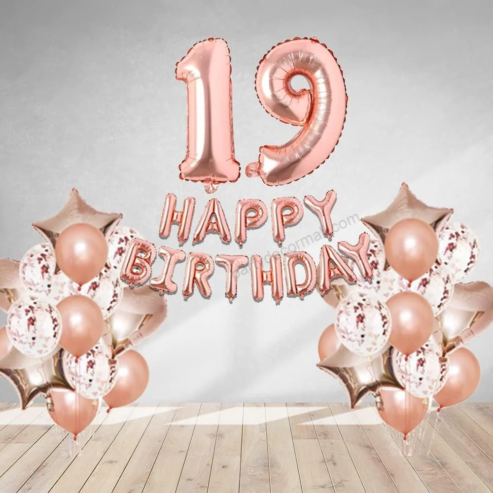 Rosegold Birthday Decor Metallic Balloon, Confetti, Star Foil Balloon, Heart Foil Balloon, Foil Happy Birthday & foil Number (19) - Premium Handcrafted 300 GSM Foil Balloon by Party Decor Mall India - View 1