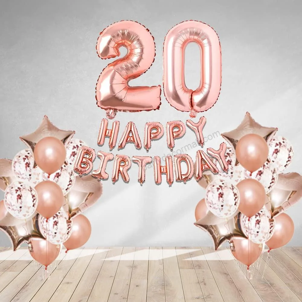 Rosegold Birthday Decor Metallic Balloon, Confetti, Star Foil Balloon, Heart Foil Balloon, Foil Happy Birthday & foil Number (20) - Premium Handcrafted 300 GSM Foil Balloon by Party Decor Mall India - View 1
