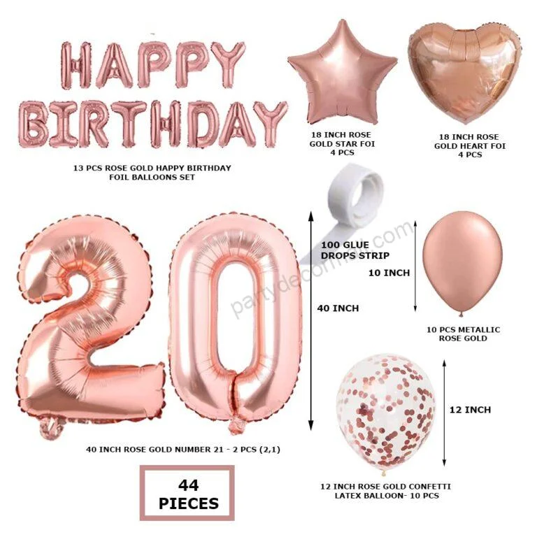 Rosegold Birthday Decor Metallic Balloon, Confetti, Star Foil Balloon, Heart Foil Balloon, Foil Happy Birthday & foil Number (20) - Premium Handcrafted 300 GSM Foil Balloon by Party Decor Mall India - View 2