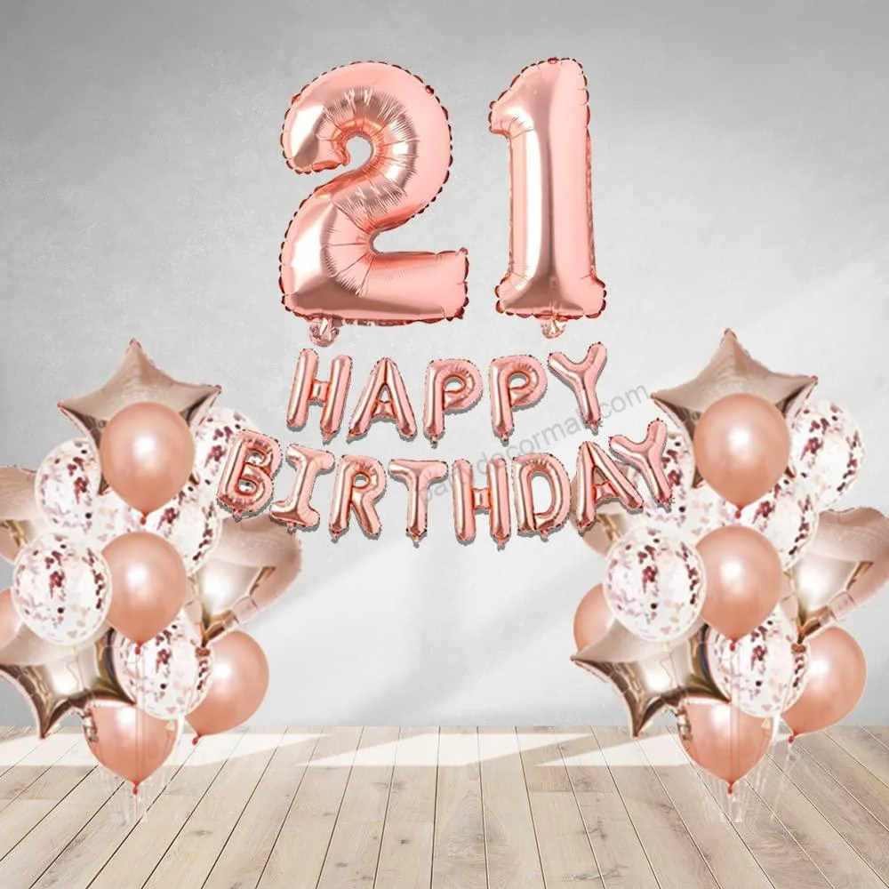 Rosegold Birthday Decor Metallic Balloon, Confetti, Star Foil Balloon, Heart Foil Balloon, Foil Happy Birthday & foil Number (21) - Premium Handcrafted 300 GSM Foil Balloon by Party Decor Mall India - View 1