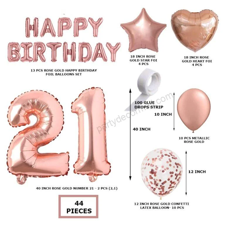 Rosegold Birthday Decor Metallic Balloon, Confetti, Star Foil Balloon, Heart Foil Balloon, Foil Happy Birthday & foil Number (21) - Premium Handcrafted 300 GSM Foil Balloon by Party Decor Mall India - View 2