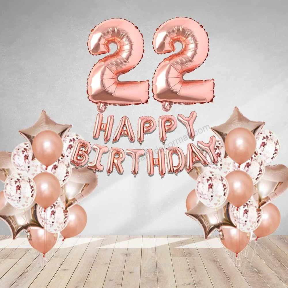 Rosegold Birthday Decor Metallic Balloon, Confetti, Star Foil Balloon, Heart Foil Balloon, Foil Happy Birthday & foil Number (22) - Premium Handcrafted 300 GSM Foil Balloon by Party Decor Mall India - View 1