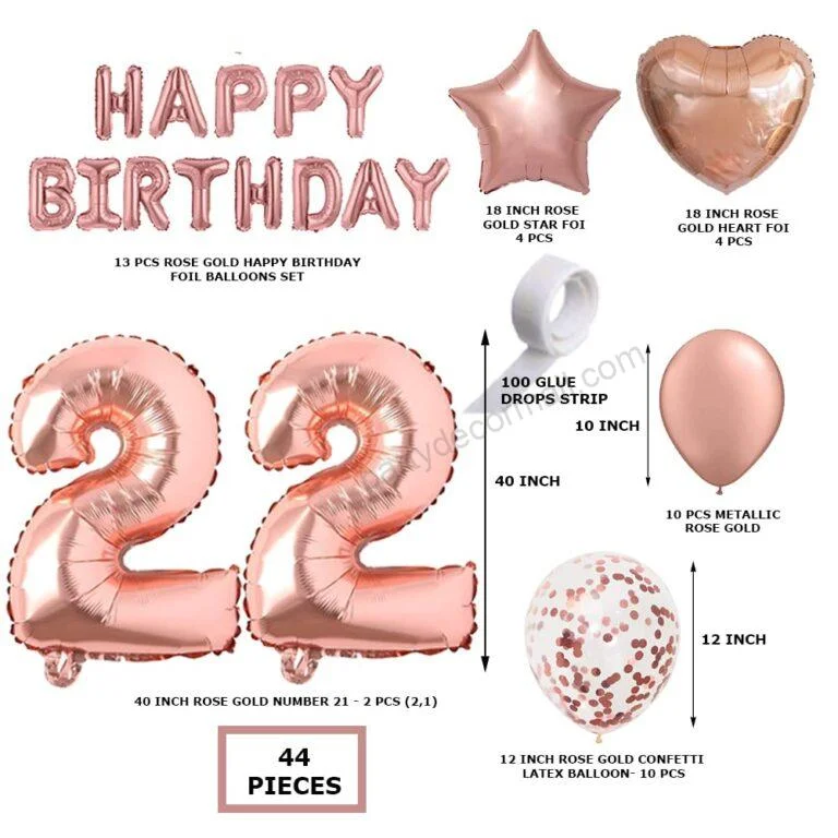 Rosegold Birthday Decor Metallic Balloon, Confetti, Star Foil Balloon, Heart Foil Balloon, Foil Happy Birthday & foil Number (22) - Premium Handcrafted 300 GSM Foil Balloon by Party Decor Mall India - View 2