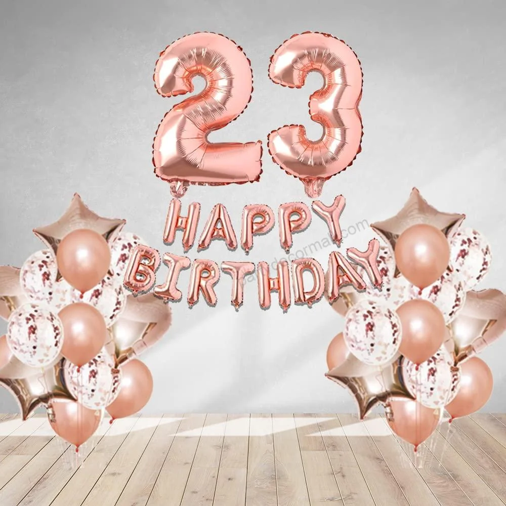Rosegold Birthday Decor Metallic Balloon, Confetti, Star Foil Balloon, Heart Foil Balloon, Foil Happy Birthday & foil Number (23) - Premium Handcrafted 300 GSM Foil Balloon by Party Decor Mall India - View 1