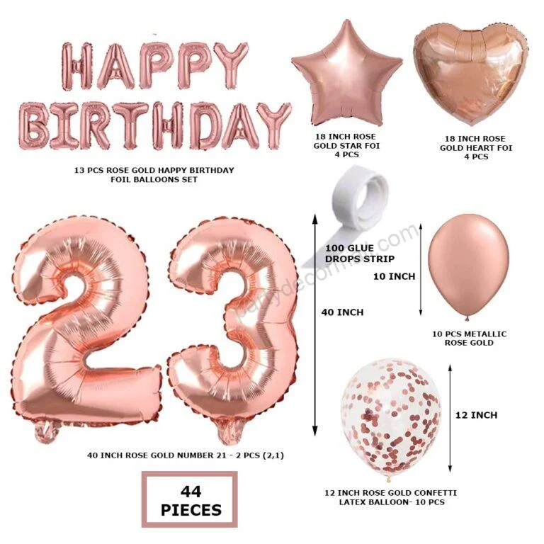 Rosegold Birthday Decor Metallic Balloon, Confetti, Star Foil Balloon, Heart Foil Balloon, Foil Happy Birthday & foil Number (23) - Premium Handcrafted 300 GSM Foil Balloon by Party Decor Mall India - View 2