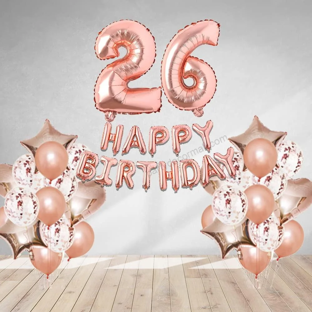Rosegold  Birthday Decor DIY Kit includes; Metallic Balloon, Confetti, Star Foil Balloon, Heart Foil Balloon, Happy Birthday & foil Number(26) - Premium Handcrafted 300 GSM Foil Balloon by Party Decor Mall India - View 1
