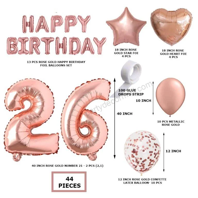 Rosegold  Birthday Decor DIY Kit includes; Metallic Balloon, Confetti, Star Foil Balloon, Heart Foil Balloon, Happy Birthday & foil Number(26) - Premium Handcrafted 300 GSM Foil Balloon by Party Decor Mall India - View 2