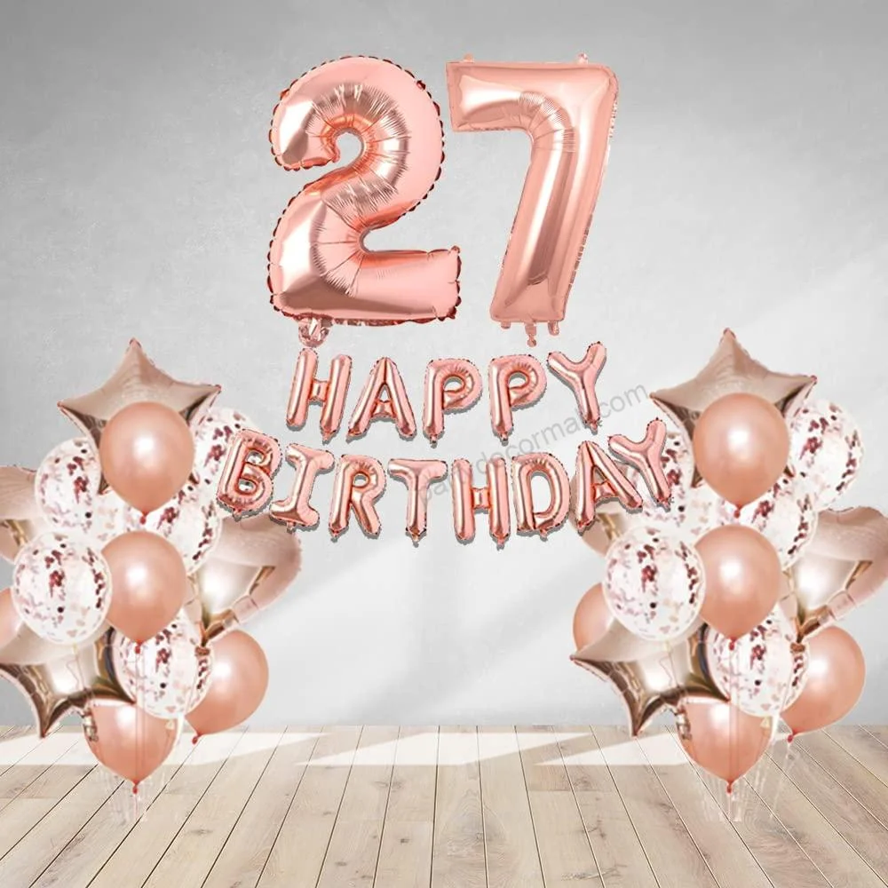 Rosegold  Birthday Decor DIY Kit includes; Metallic Balloon, Confetti, Star Foil Balloon, Heart Foil Balloon, Happy Birthday & foil Number(27) - Premium Handcrafted 300 GSM Foil Balloon by Party Decor Mall India - View 1