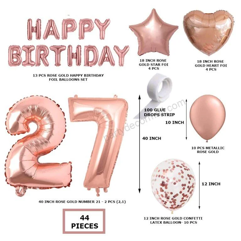 Rosegold  Birthday Decor DIY Kit includes; Metallic Balloon, Confetti, Star Foil Balloon, Heart Foil Balloon, Happy Birthday & foil Number(27) - Premium Handcrafted 300 GSM Foil Balloon by Party Decor Mall India - View 2