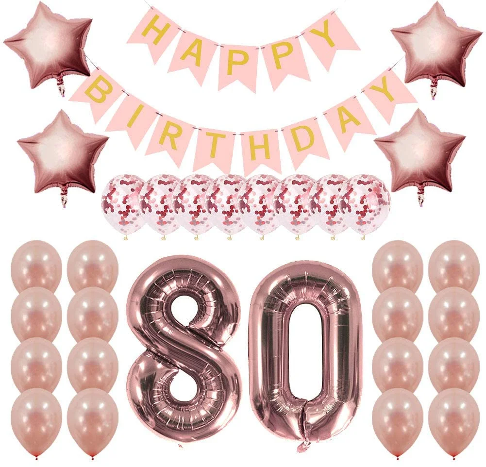 Rose Gold 80Th Birthday Decorations Party Supplies Gifts For Women - Happy Birthday Banner, 80 Number And Confetti Balloons