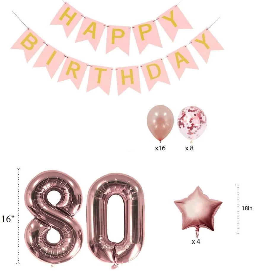 Rose Gold 80Th Birthday Decorations Party Supplies Gifts For Women - Happy Birthday Banner, 80 Number And Confetti Balloons - Premium Handcrafted 300 GSM Birthday Decoration, Party Supplies, Balloons by Party Decor Mall India - View 2