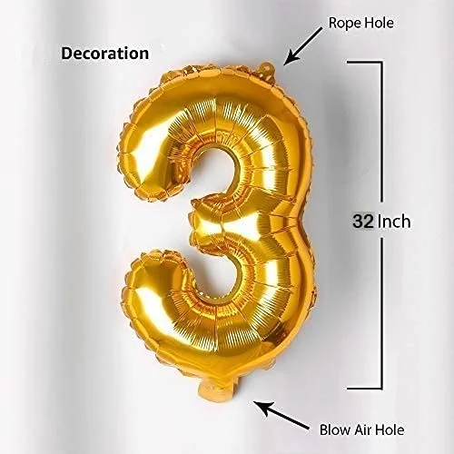 32 Inches Number Foil Balloon, Gold Color, Number 3 - Premium Handcrafted 300 GSM Foil Balloon by Party Decor Mall India - View 2
