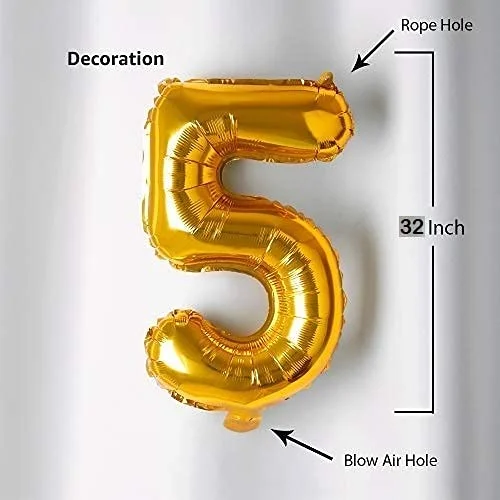 32 Inches Number Foil Balloon, Gold Color, Number 5 - Premium Handcrafted 300 GSM Foil Balloon by Party Decor Mall India - View 2