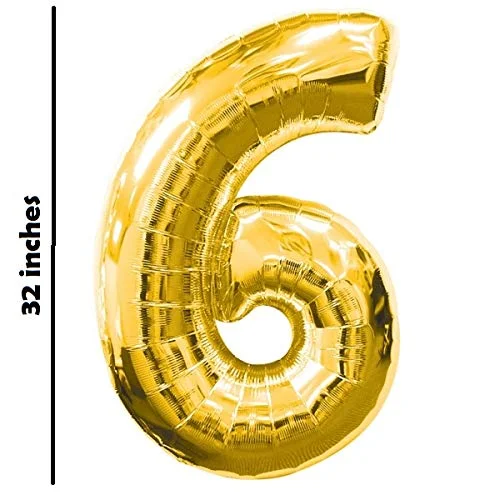 32 Inches Number Foil Balloon, Gold Color, Number 6 - Premium Handcrafted 300 GSM Foil Balloon by Party Decor Mall India - View 2