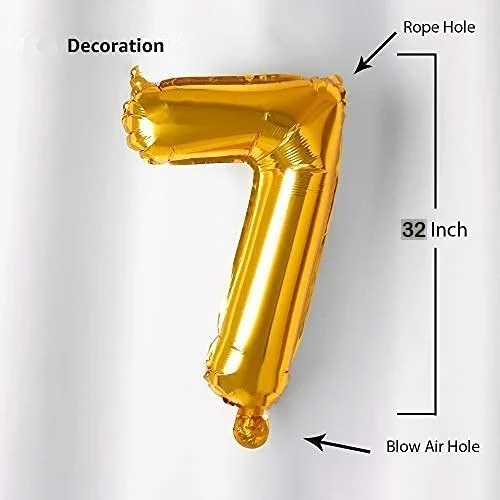 32 Inches Number Foil Balloon, Gold Color, Number 7 - Premium Handcrafted 300 GSM Foil Balloon by Party Decor Mall India - View 2